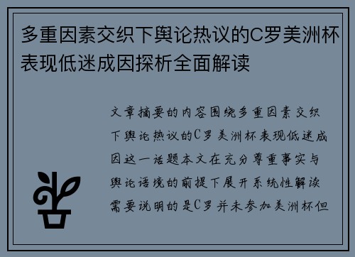 多重因素交织下舆论热议的C罗美洲杯表现低迷成因探析全面解读